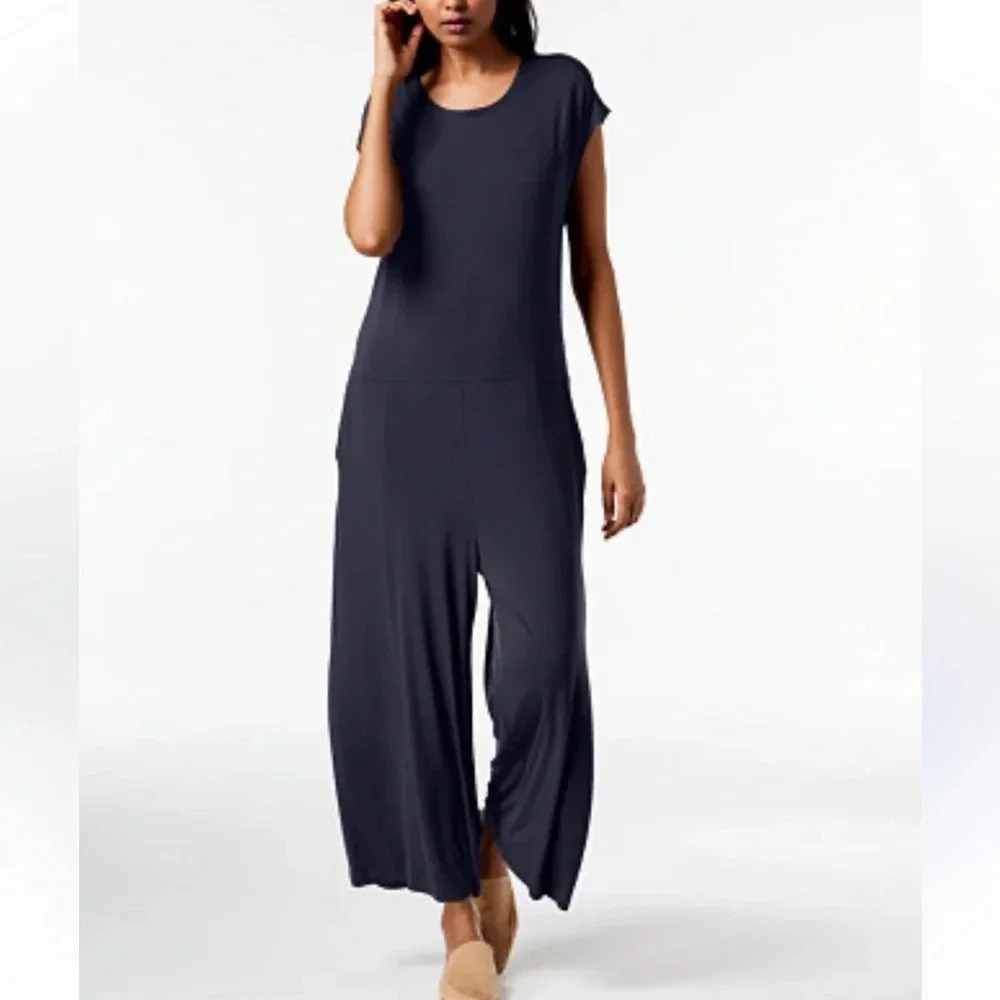 Eileen Fisher Cropped, Wide Leg, Lightweight Jumpsuit, Navy Blue - Sz XS, Fits M - Picture 1 of 9